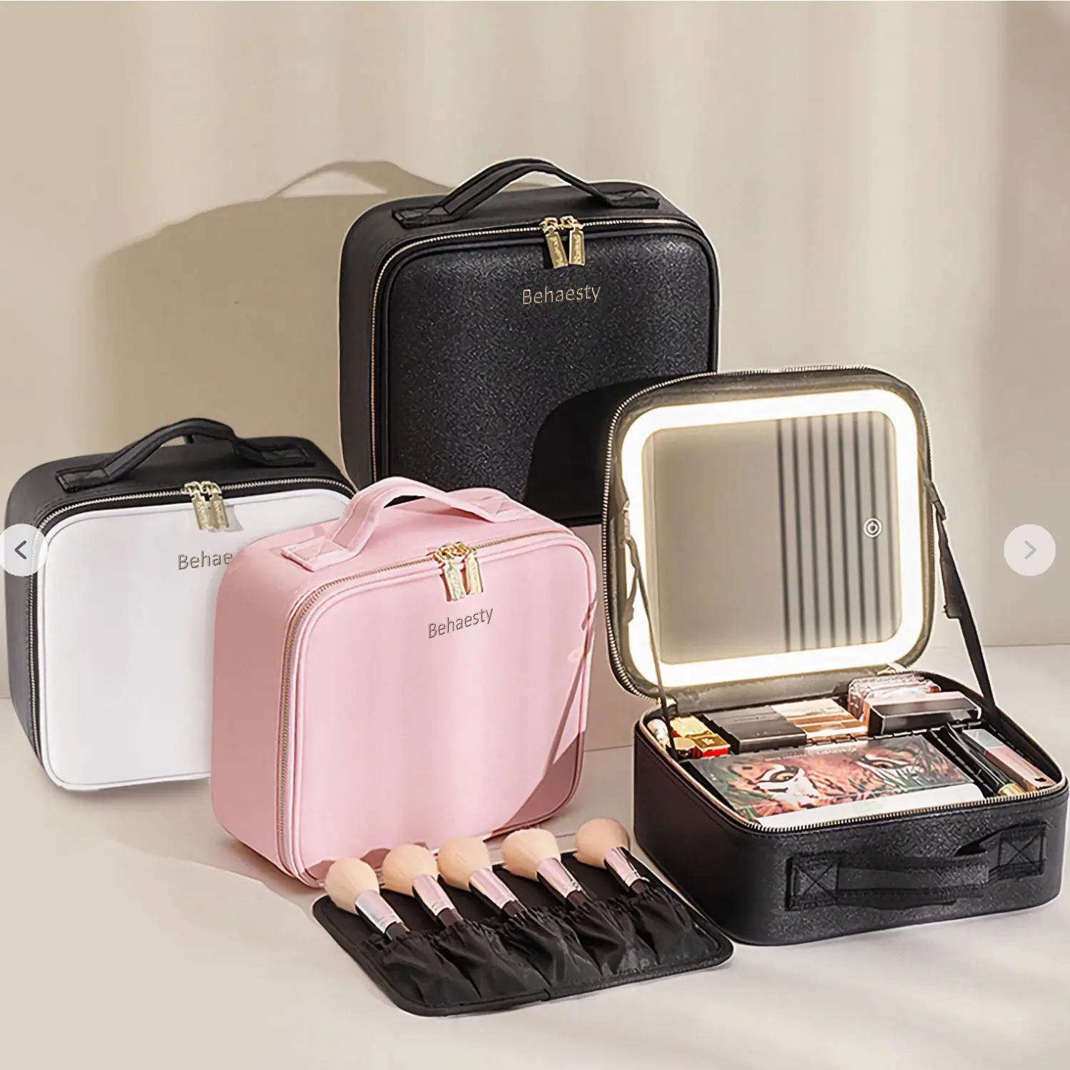Travel Makeup Bag with Mirror of LED Lighted Makeup Train Case with Adjustable Dividers, Makeup Case with Mirror,Pink White Black Cosmetic Pouch