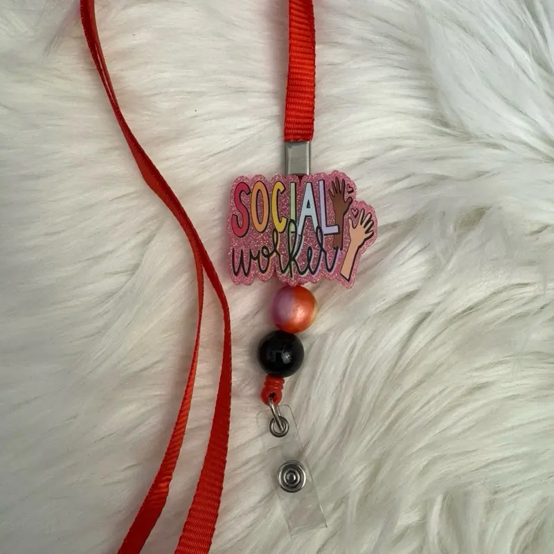 Social Worker Badge Reel Lanyard with Colorful Beads and Red Cord for Easy Identification