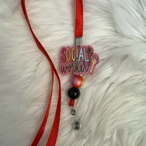 Social Worker Badge Reel Lanyard with Colorful Beads and Red Cord for Easy Identification