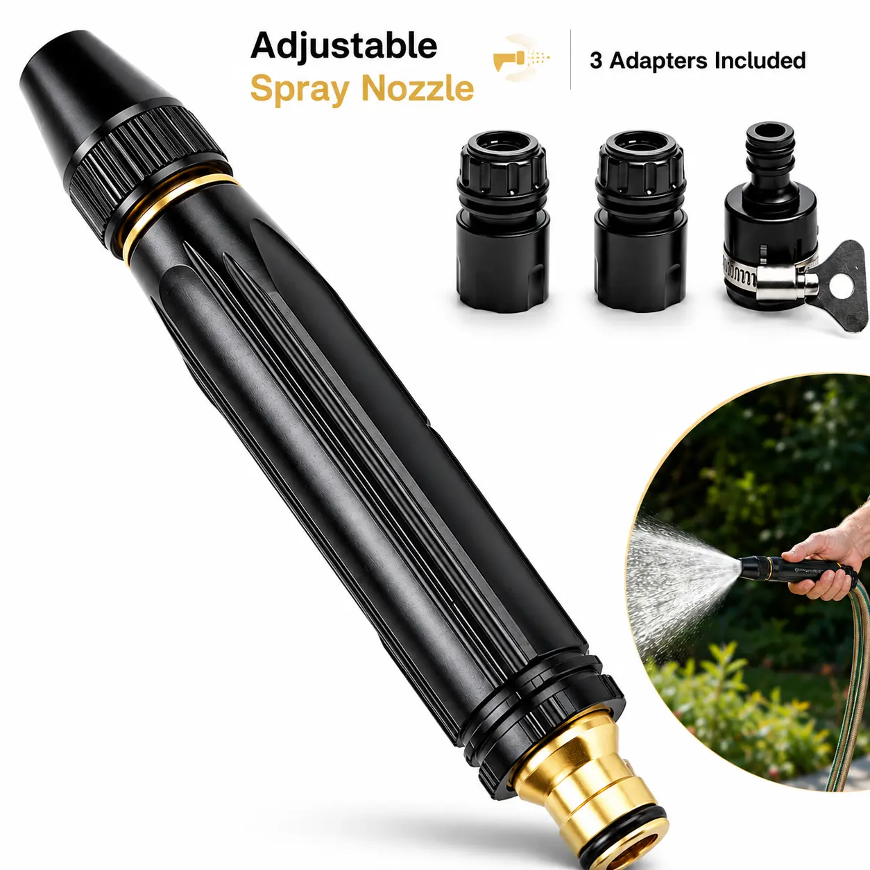 High Pressure Metal Hose Nozzle, 3 Spray Modes, Fits US Garden Hoses, Heavy-Duty Water Spray Gun with Quick Connect for Lawn Watering, Car Washing, Patio & Pet Cleaning