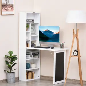 Space-Saving Wall Mount Desk with Blackboard & Shelf All-in-One Fold-Down Writing Table Multi-Function Homework Station for Home Office Study Nook & Small Spaces White