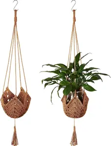 2 Packs Macrame Plant Hangers Jute Crochet Plant Indoor Boho Hanger Large Hanging Wall Plants with 2 S Shaped Hooks for Outdoor Home Decorations Fence Planters Plant Flower Pots