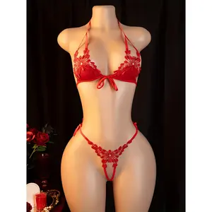 Sexy Lingerie Set with Three Points and Straps, No Need to Take Off, Seductive New Lingerie Set, Date Robe, Bed Passion Set, Valentine's Day Red New (Includes: Lingerie + Panties) Fabric Lace Womenswear Knit Solid Comfort 【Red】