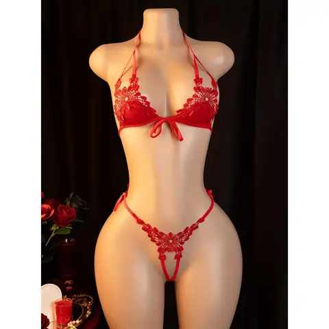 Women's Fitted Lace Solid Color 3-Point Strap Nightwear Set - Women's Clothes, No-Takeoff Date Robe Lingerie, Includes: Panties, Valentine's Red, 91% Polyamide 9% Elastane Knit, Hand Wash, Do Not Dry Clean