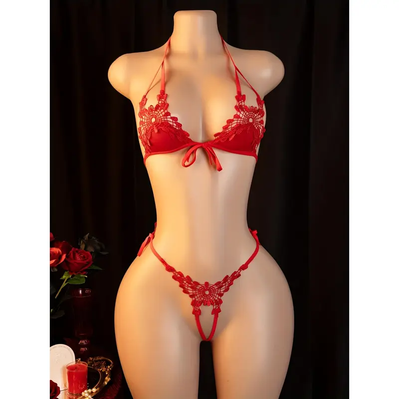 Women's Fitted Lace Solid Color 3-Point Strap Nightwear Set - Women's Clothes, No-Takeoff Date Robe Lingerie, Includes: Panties, Valentine's Red, 91% Polyamide 9% Elastane Knit, Hand Wash, Do Not Dry Clean