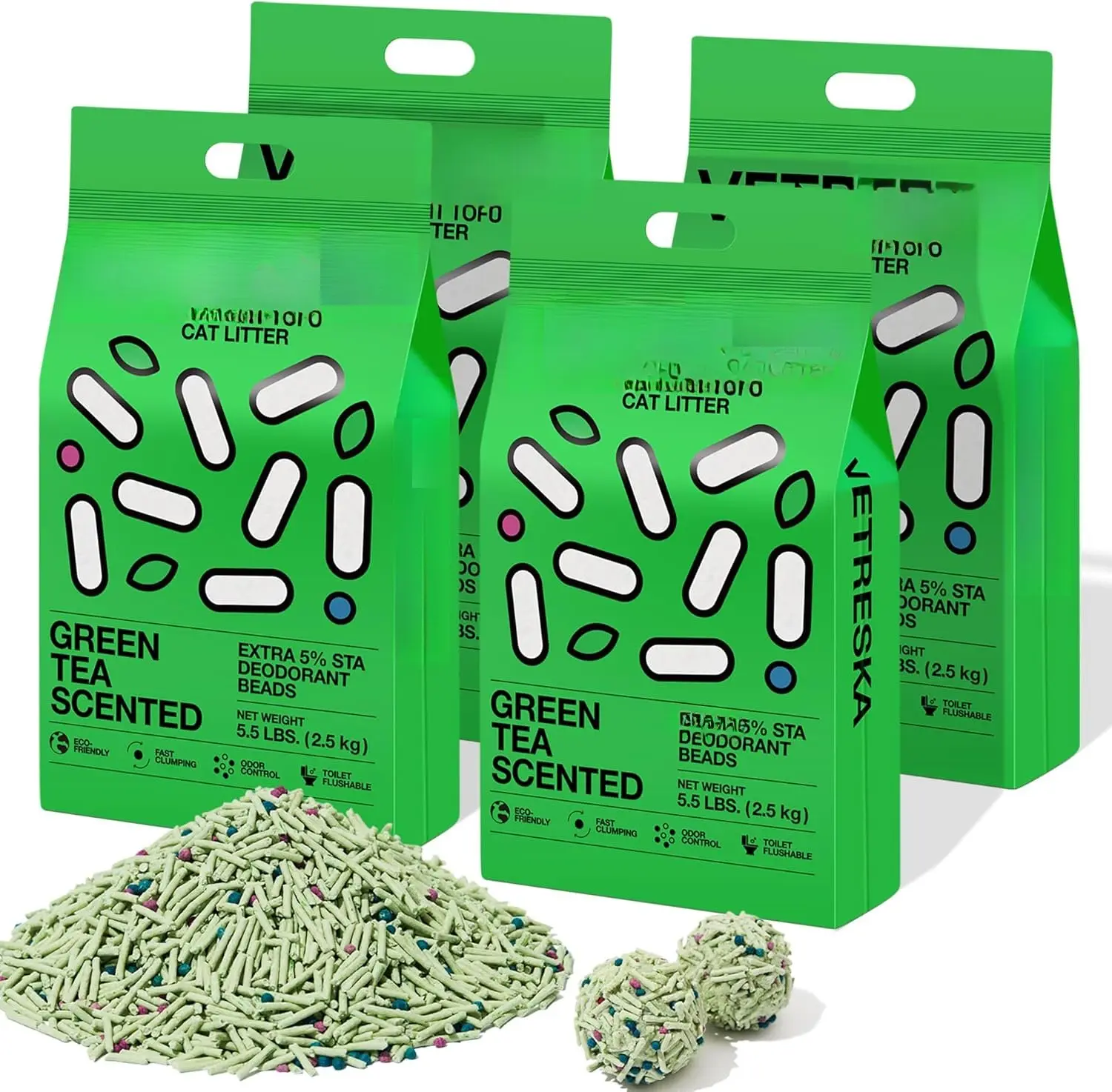 Tofu  Litter,  Kitty Litter  Clumping Flushable  Litter Pellets Ultra Absorbent, Odor Control, Dust-Free, Low   Tofu Litter, Greentea(5.5lb4bags)