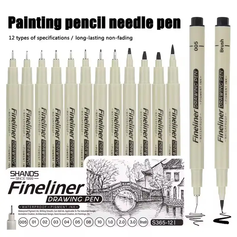 12Pcs Comic Markers Fineliner Needle Tip Pen Art Hand-drawn Hook Pen Sketching Pen Kit Art Drawing Supplies Student School Stationery Art Supply Art Materials