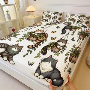 Cute Cat & Green Plant Printed Fitted Sheet Set, Include One Bedspread and Two Pillowcases, Kawaii Kitten with Butterfly Mattress Cover, Non-Slip Deep Pocket Bedcap for Cat Lovers