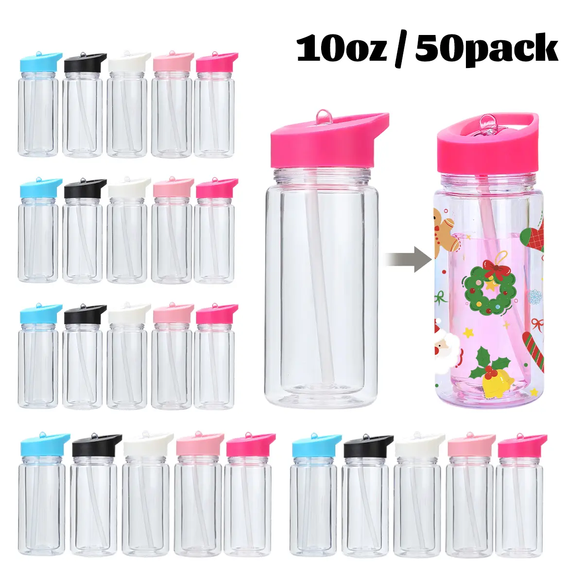 MyCrafix 50-Pack 10oz Kid Snow Globe Tumbler for School- Leak-Proof, Portable, Washable Water Bottle with Pre-Drilled Hole, Suction Nozzle Lid, Silicone Plug for Glitter DIY Gifts