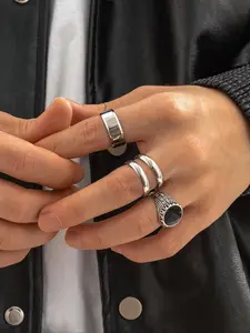 Men's Punk Hip-Hop Style Stainless Steel Chain Rings Set, Geometric Round Design, Fashion Streetwear Jewelry for Daily Wear, Stackable Rings