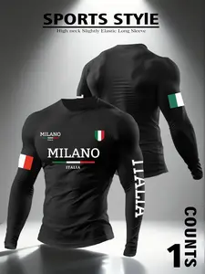 Men's Milano Italia Elastic Long Sleeve Shirt, Active T Shirts, Italian Style Streetwear, Trendy Regional Print, Comfortable Fabric, Ideal for Fitness and Parties