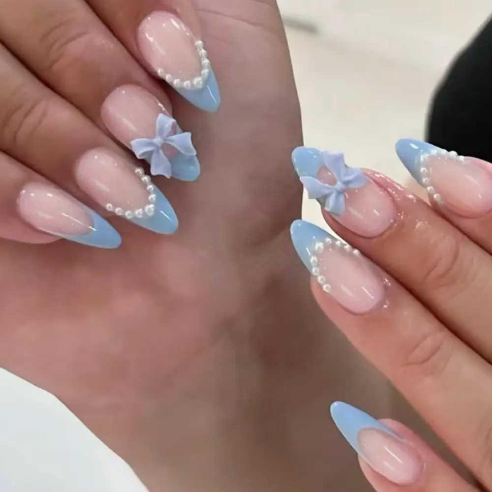 Elevate Your Style, 24pcs Medium Length Almond Shape Blue French Press-On Nails, Pearl & Bow Design, Glossy Acrylic False Nails Set, Easy Wear, Nail Decoration, Stylish Acrylic Nails
