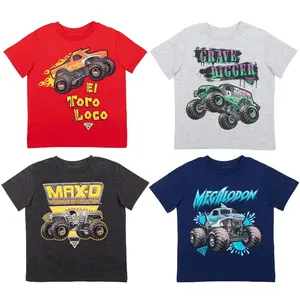 Youth Monster Jam Grave Digger, El Toro Loco, Megalodon Boys 4-Pack Graphic T-Shirt, Racing Shirt Gift for Fans, USA-Made & Printed Apparel	