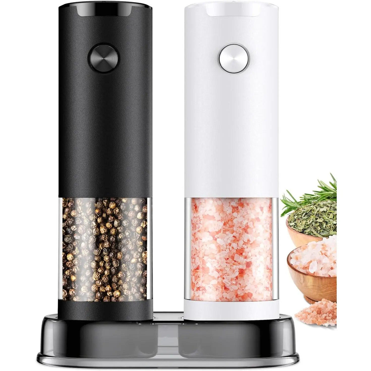 Electric Salt and Pepper Grinder Set Automatic Battery Pepper Mill Shakers Adjustable Coarseness Easy Filling Upgraded Larger Capacity with Led (2 Pack Black/White)