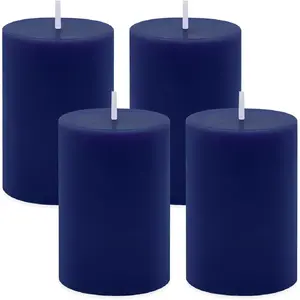 Pillar Candles, Set of 4 Navy Blue 2x3 Inch Solid Wax Columns, Unscented and Dripless with 24-Hour Burn for Home Decor, Parties, Bath
