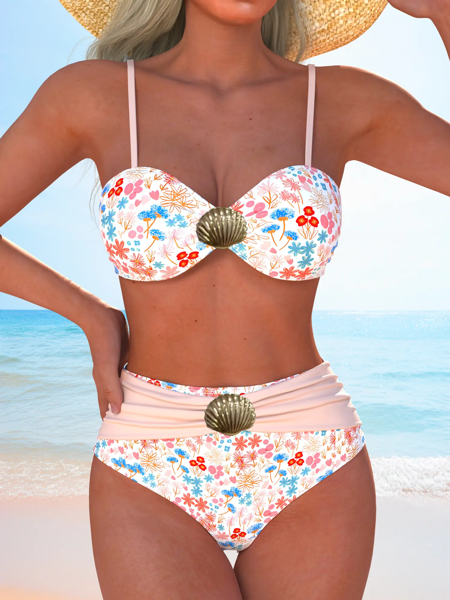 Women’s White Floral Print Bikini Set, Seashell Accent Bandeau Two Piece Swimsuit with High Waist Ruched Bottom, Soft Pink Trim Adjustable Strap Beachwear, Summer Vacation Pool Party Bathing Suit