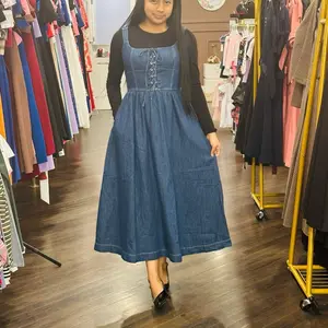 M Denim Dress with Lace-Up Front and Pockets for Women