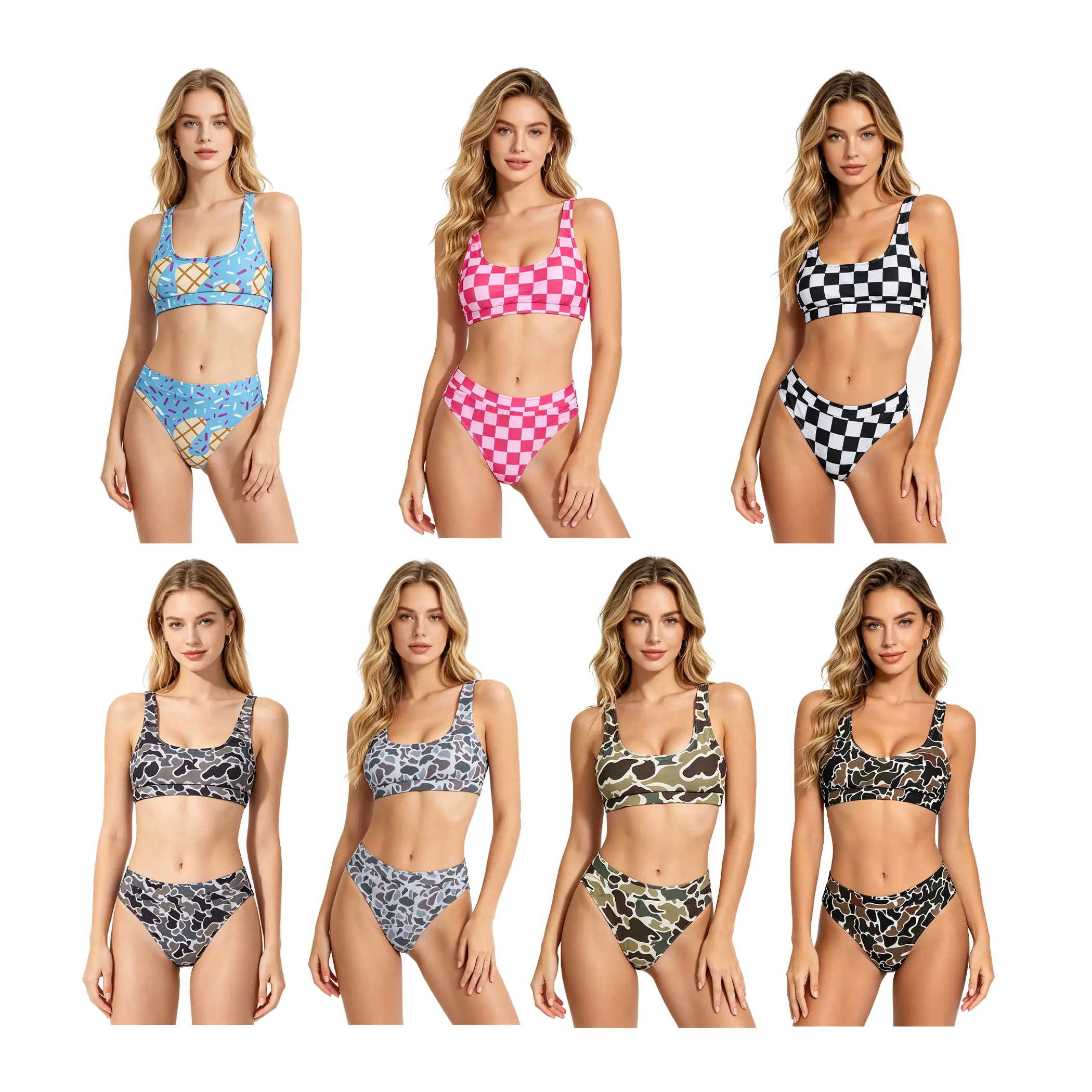 Camouflage gingham ice cream drip printed Two Pieces Bikini women summer swim wear set