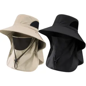2 Pack  Outdoor Sun Hat For Unisex Wide Brim Upf Protection Safari Cap With Neck Flap Detachable Face Cover Quick-Dry Breathable Mesh Adjustable For Hiking Camping Summer Travel
