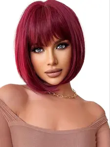12 Inch Red Short Straight Bob Wigs for Women, Gorgeous Fluffy Wigs with Blunt Bangs, Synthetic Full Machine Wigs for Party, Daily Use