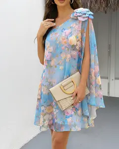 ChicMe Women's 3D Floral One-Shoulder Dress Flowy Split Sleeve Chiffon Mini Dress Romantic A-Line Party Dress
