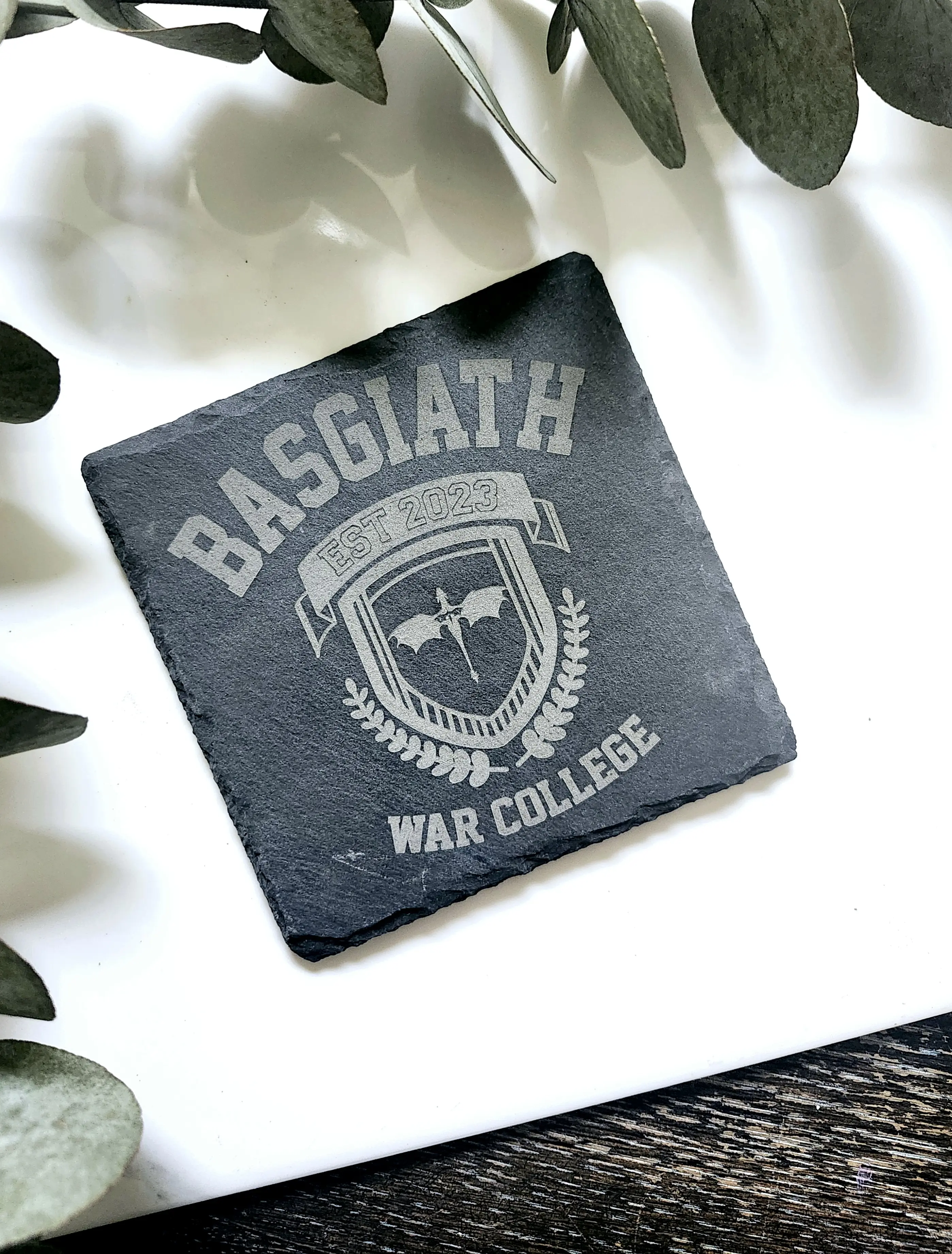 Fourth Wing Basgaith College Logo Booktok Slate Engraved Coaster - Round, Heat Resistant, Unique Engraved Design - Tableware coaster slate  coasters