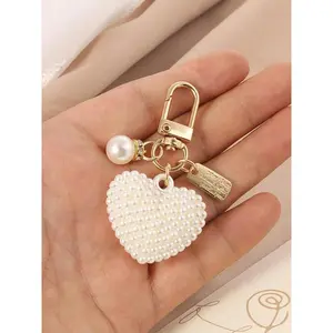 SleekHush Faux Pearl Decorated Beads Heart Shaped Keychain for Women & Girls Fashion Charm Accessory for Bag & Car Key Decoration Valentine's Day Gift Trendy Cute Keychain