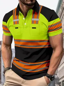 Men's Summer Business Casual Short Sleeve Polo Shirt, Fake Pocket Print, Fashion Sport Collar, Slim-Fitting, All over Print, Menswear, Sporty