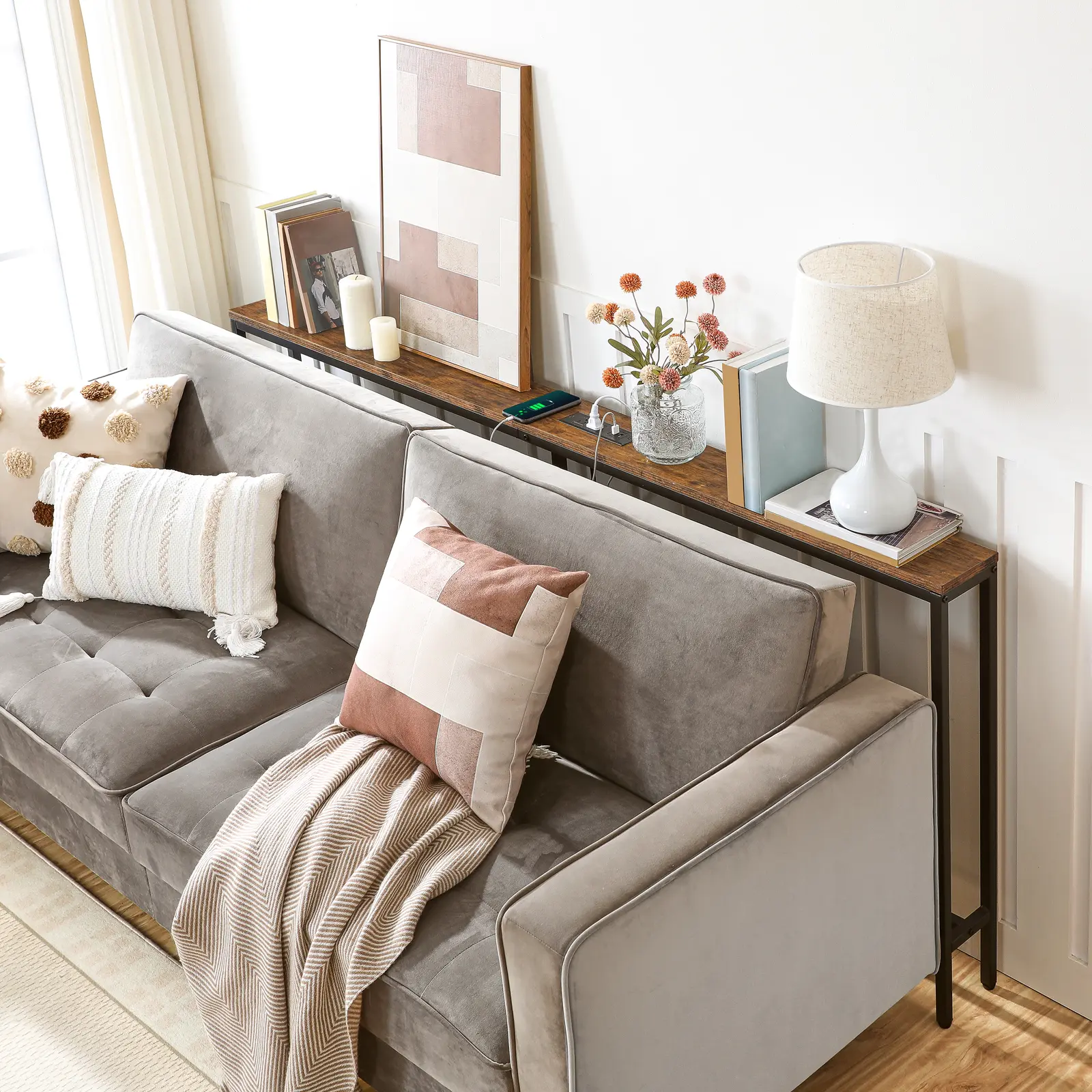 MAHANCRIS Skinny Console Table with Power Outlets, 70.9" Narrow Sofa Table, Behind Couch Table with Charging Station, Sofa Hallway Table for Plants, Living Room #SummerVibes#DealsforYouDays #SummerGarden