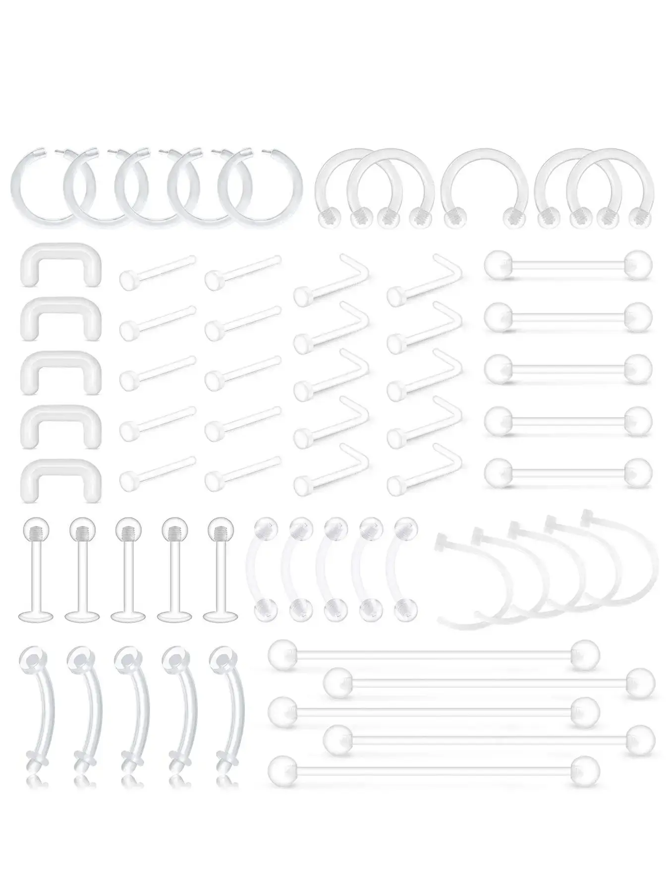 Clear Piercing Retainers, 65 Counts Flexible Lip Ear Nose Septum Eyebrow Nipple Tongue Rings Plastic Piercing Jewelry, Body Jewelry for Party, Nose Piercings Kit