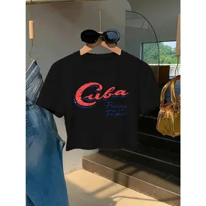 Cuba Paradise Of The Tropics Graphic Crop Tee Women Vintage Travel Print Short Sleeve Oversized Fit Soft Cotton Summer Vacation Beach Streetwear Top