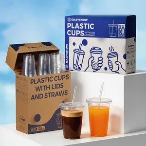Clear Plastic Disposable Cups with Lids & Straws – 12–24oz Easy Grab PET  Cups with Storage Box | 50/100 Pack