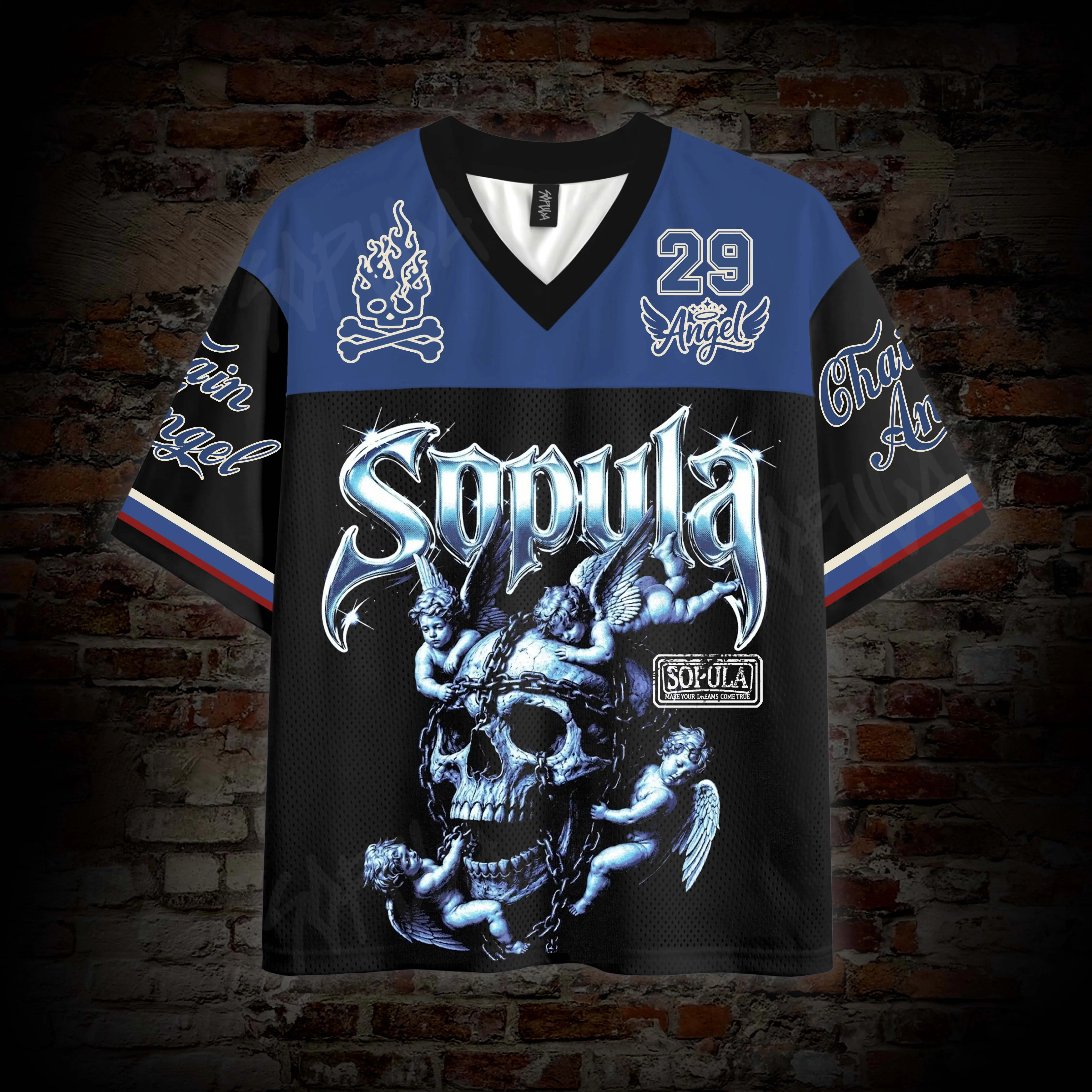 SOPULA Men's Retro Aesthetic Skull Angel Graphic Mesh Sports Jersey - Breathable Short-Sleeve Polyester Active Top, Unisex Sporty Chic Gym Apparel, Active Tops
