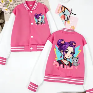 Girls Fall & Winter Cropped Color Block Baseball Jacket with Cartoon Purple Hair Girl & Letter Print, for Ages 4-13, Machine Washable, All-Season Outdoor Wear, Perfect Gift for New Year, Valentine’s Day, Ramadan & Back to School