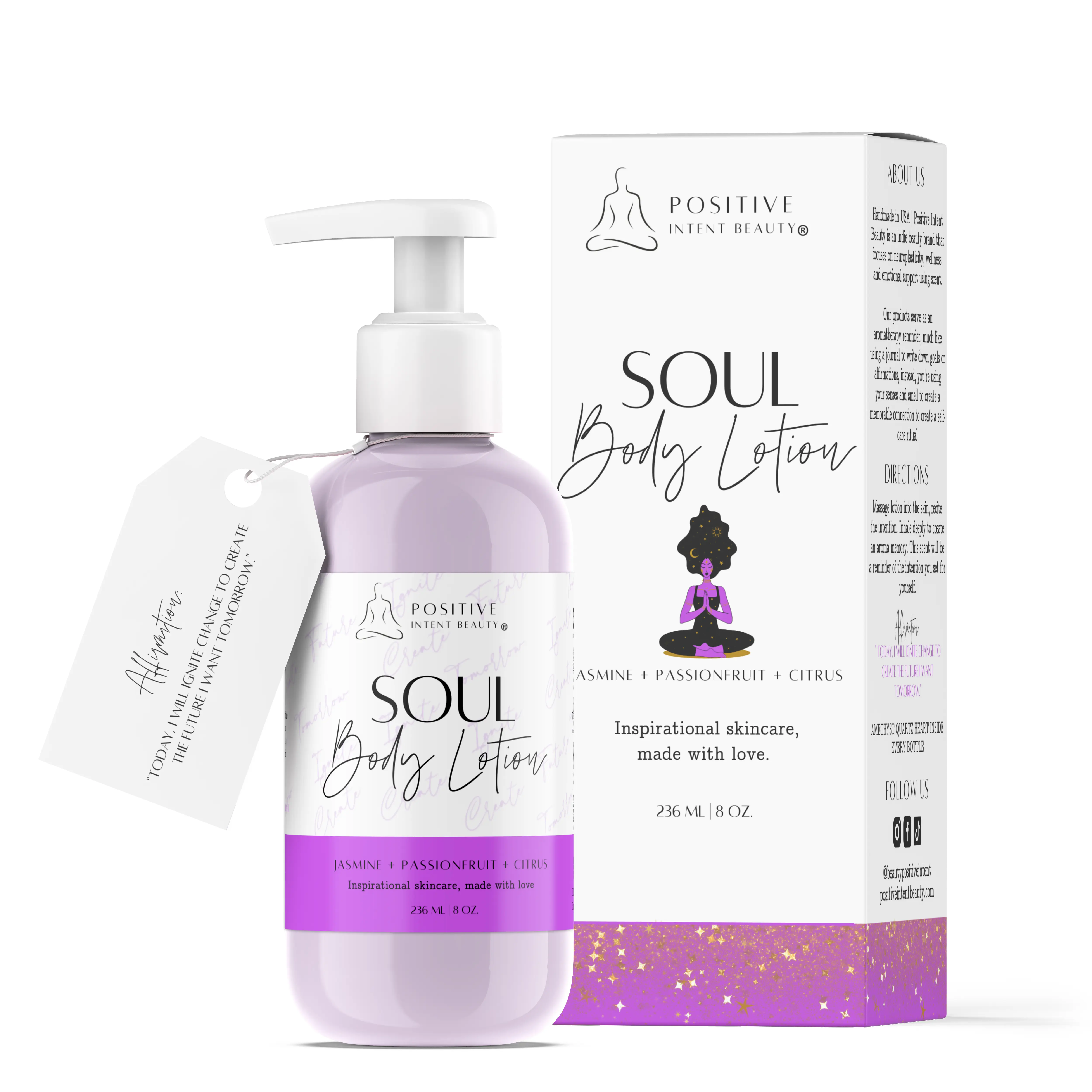 Positive Intent Beauty, Soul Lotion, Jasmine, Passionfruit, with Plant Botanicals, Shea Butter, Vitamins, Nourish, and Soften Skin, Vegan, Aromatherapy, Holiday Gift 8oz Body Care Aloe Calming Cream Moisturizing Rosemary Scent Comfort Skin Repair Skincare