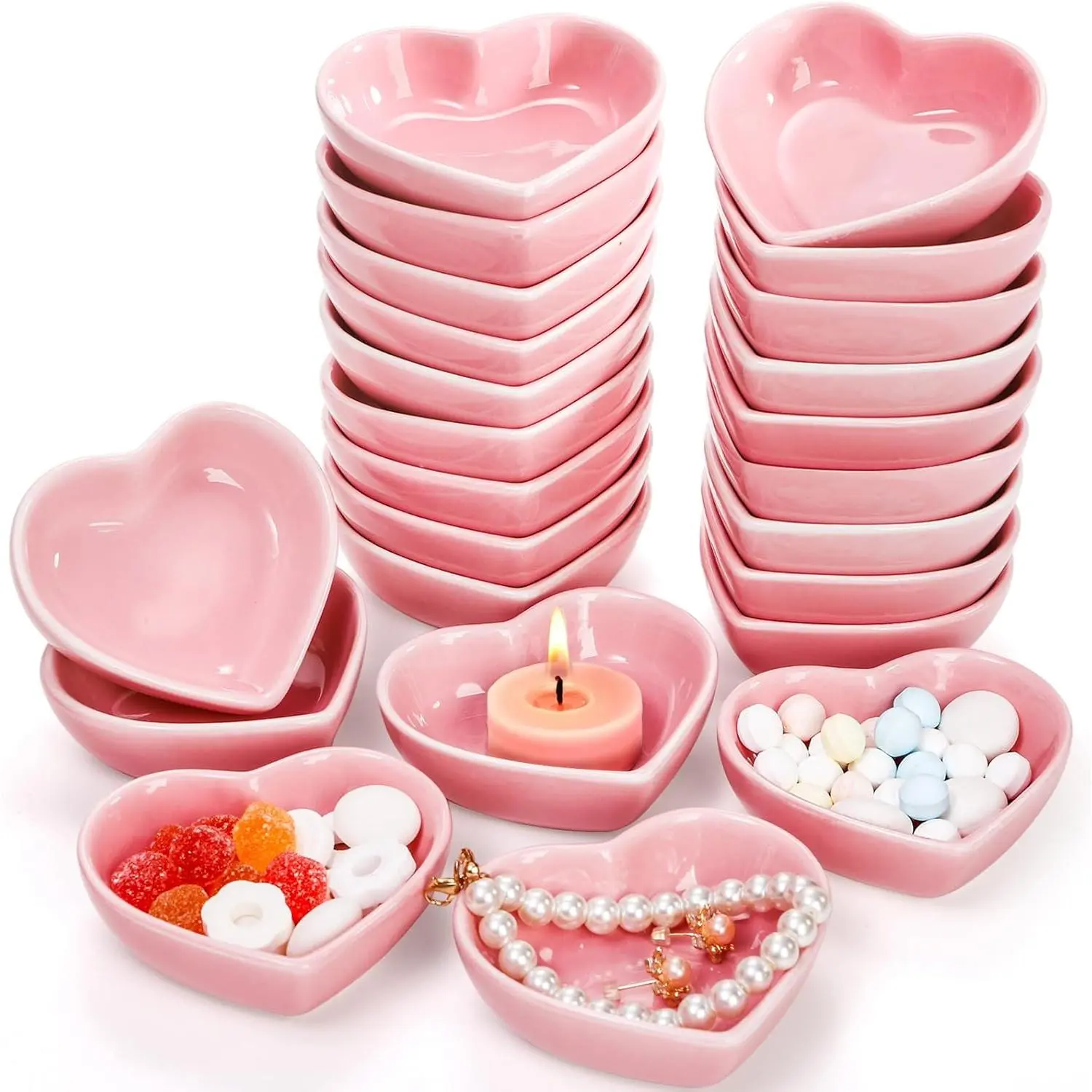 Pink Heart-Shaped Ceramic Sauce Dishes - 24-Pack 1.5oz Kitchenware Bowls, Dinnerware for Serving Appetizers, Romantic Valentine’s Day Events