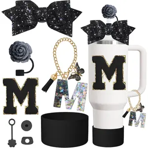 8-piece cup accessory set, suitable for 30 oz/40 oz mugs with handles, including silicone straw lid, spill-proof stopper, handle charm, and initial sticker (black rose M model).