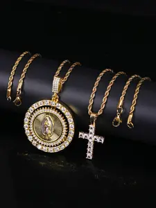 2Pcs Hip Hop Punk Layered Virgin Mary Saint Jude Rotating Pendant & Cross Pendant Necklace, Cross Necklaces, for Men Women Iced out Synthetic Zirconia Set, Religious Accessories, Daily Wear Cuban Link Necklace