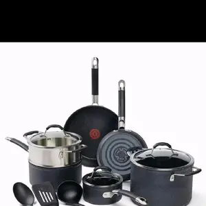 T-Fal 12PC Set Fry Pan & Stockpot 500F Black Cookware Stainless Steel Glass Non-Stick Coating Durable Handles with Lid