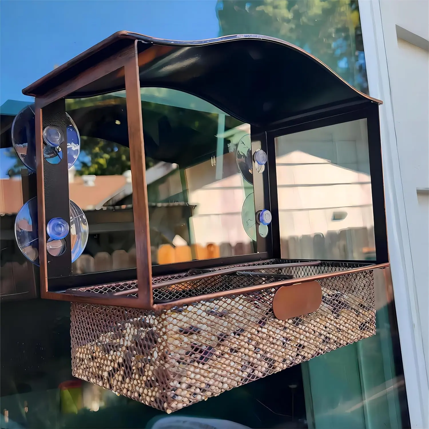 Window Bird Feeder, Metal Bird Feeder Window with Wide View, Window Bird Feeders with Strong Suction Cups, Wild Bird Feeders for Bird Watching Presents