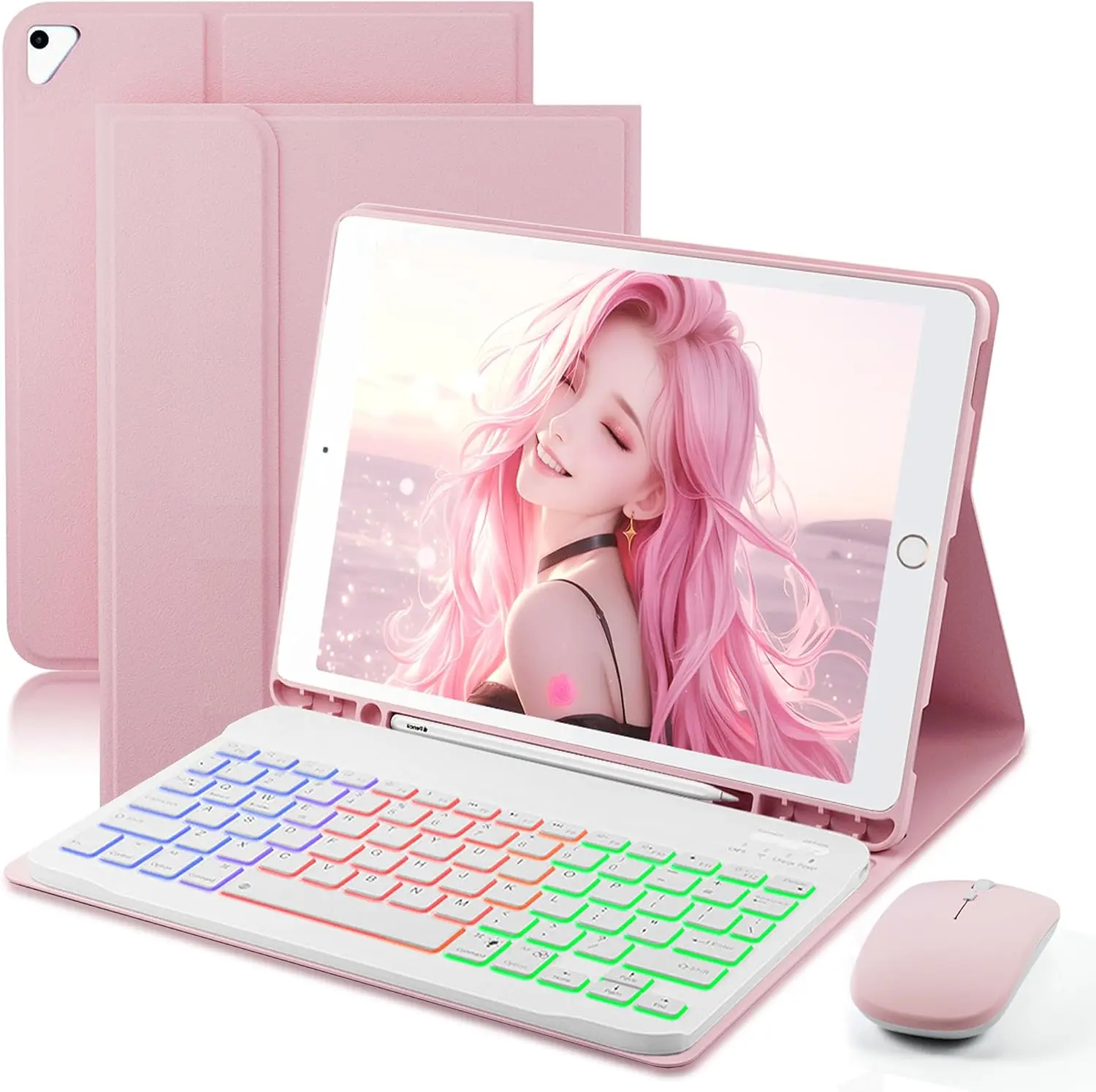 [IPAD/ IPHONE CASE] SAMTUNK Keyboard Case for iPad 9.7 inch 6th, 5th Generation Pro 9.7 Air 2 Air 1-7 Color Rainbow Change Backlit Magnetic Keyboard Built in Pencil Holder with Mouse