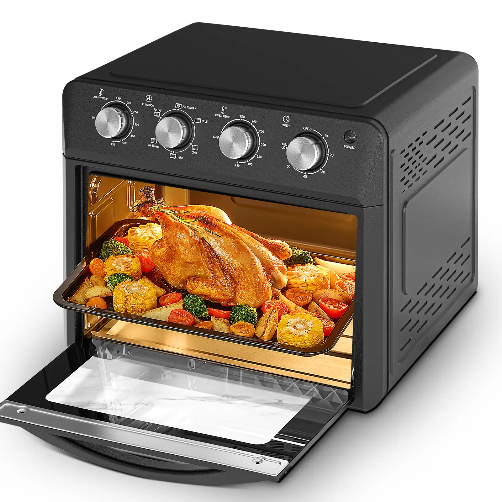 Plum Chef 27.5QT 6-in-1 Compact Stainless Steel Black Countertop Convection Oven - 16.5" L x 15.9" H Large Interior Multi-Function Appliance with Air Fry,Bake,Broil,Toast,Warm,Dehydrate,4 Knob Control,Tray,Rack for Family Meals,Entertaining, Broiler