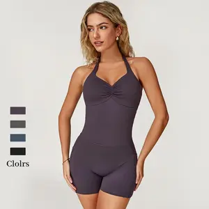 Women's Halter-Neck Athletic Romper: Workout Jumpsuit with Pockets, Featuring Stretchy, Soft, and Skin-Friendly Fabric with High-Waisted Tummy Control; Perfect for Gym Training, Yoga, Running, and Tennis
