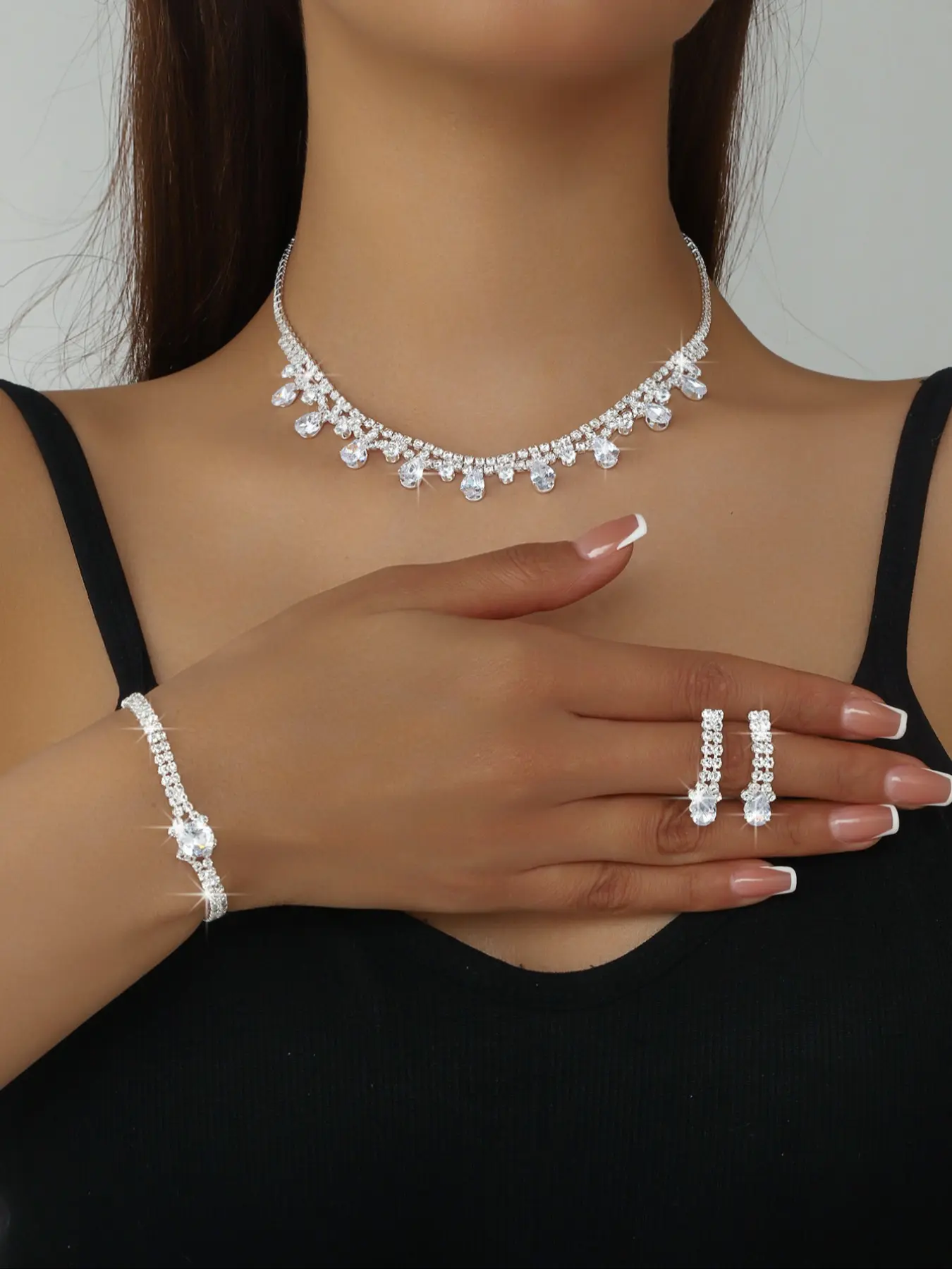 Luxury Bridal Teardrop Jewelry Set with Synthetic Zircon Water Drop Necklace, Bracelet and Earrings, Elegant Wedding Accessories for Brides