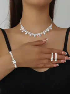 Luxury Bridal Teardrop Jewelry Set with Synthetic Zircon Water Drop Necklace, Bracelet and Earrings, Elegant Wedding Accessories for Brides