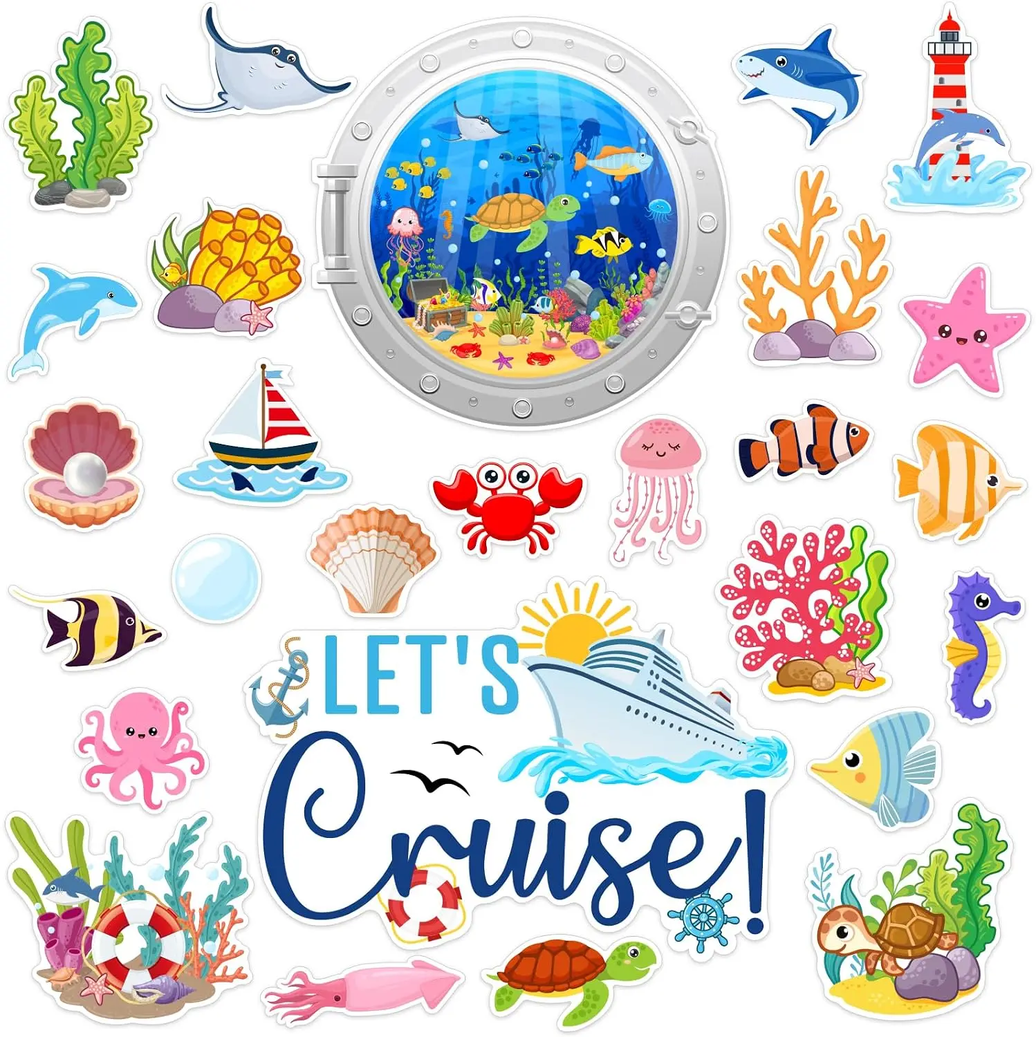 27PCS Vinyl Ocean Sea Animal Cruise Magnets, Decorative Stickers for Summer Carnival Cruise Cabin, Refrigerator & Car Surfaces