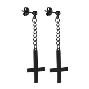 OIDEA Stainless Steel Gothic Inverted Cross Chain Stud Earrings Petrine Cross Dangle Studs for Men Women