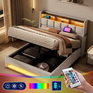 Full Size Linen-Wood Modern-Vintage Upholstered Platform Bed Frame with Hydraulic Lift Storage System, LED Lights, USB Charging Ports and Natural Finish (Mattress Not Included)
