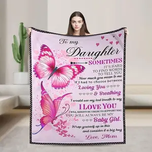 Gift Blanket for Daughter from Mom - Heartfelt Pink Butterfly and Heart Pattern Flannel Shawl, Suitable for All Seasons, Machine Washable for Birthdays, Christmas, Thanksgiving, Halloween, Academic Style Design.Cloud-like touch