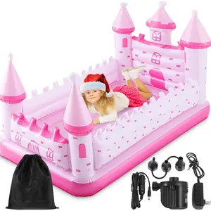 Pink Castle Inflatable Kids Bed, Toddler Travel Bed with Safety Bumper and Air Mattress Portable Air Mattress with Pump for Vacation Hotel Home Sleepover Kids Birthday Gift Camping Chair with Shade Canopy Folding man